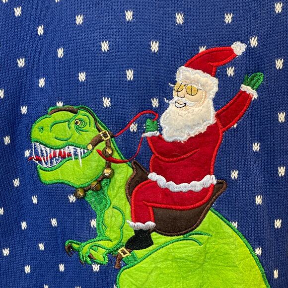 Blizzard Bay Santa Rides A T-Rex Ugly Christmas Sweater Size Med NWOT - Picture 2 of 6